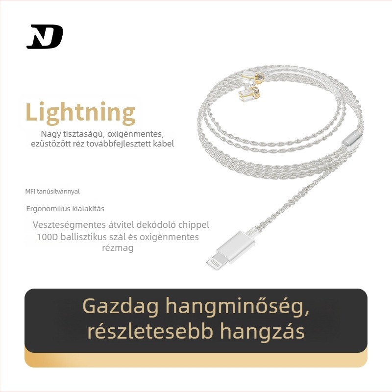 ND D5 oxigénmentes réz ezüstbevonat maggal, MFi-hiteles Lightning fejhallgató audió kábel, kétpin csatlakozóval