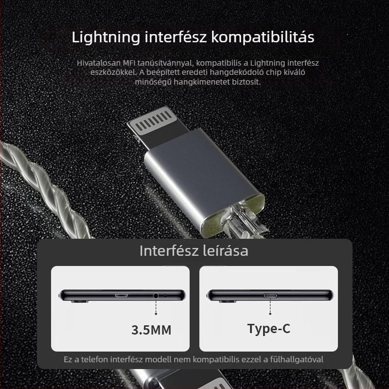 ND D5 oxigénmentes réz ezüstbevonat maggal, MFi-hiteles Lightning fejhallgató audió kábel, kétpin csatlakozóval