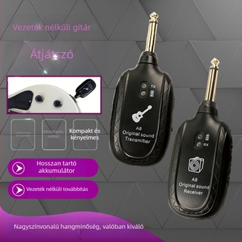 A8 vezeték nélküli gitár vevő — ABS ház, dobozban csomagolva, kompatibil elektromos gitárral és basszusgitárral.