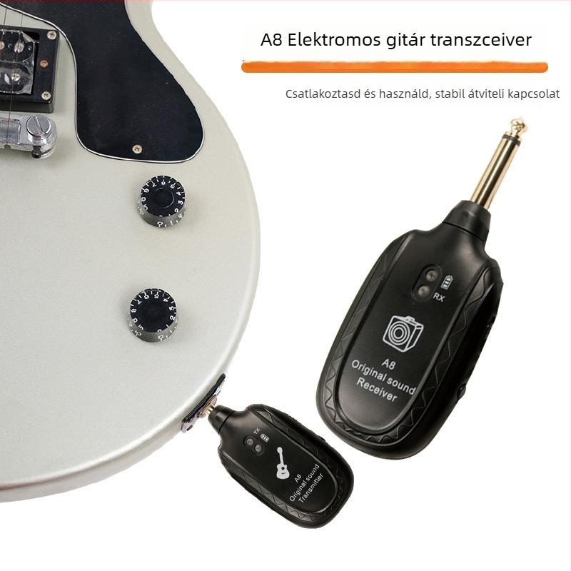 A8 vezeték nélküli gitár vevő — ABS ház, dobozban csomagolva, kompatibil elektromos gitárral és basszusgitárral.