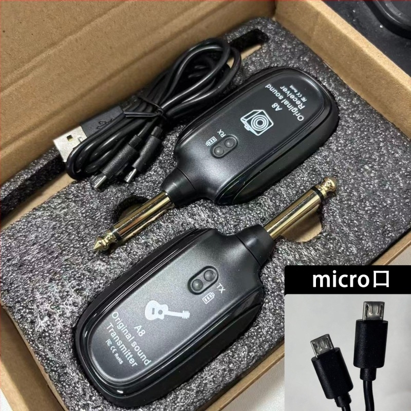 A8 vezeték nélküli gitár vevő — ABS ház, dobozban csomagolva, kompatibil elektromos gitárral és basszusgitárral.