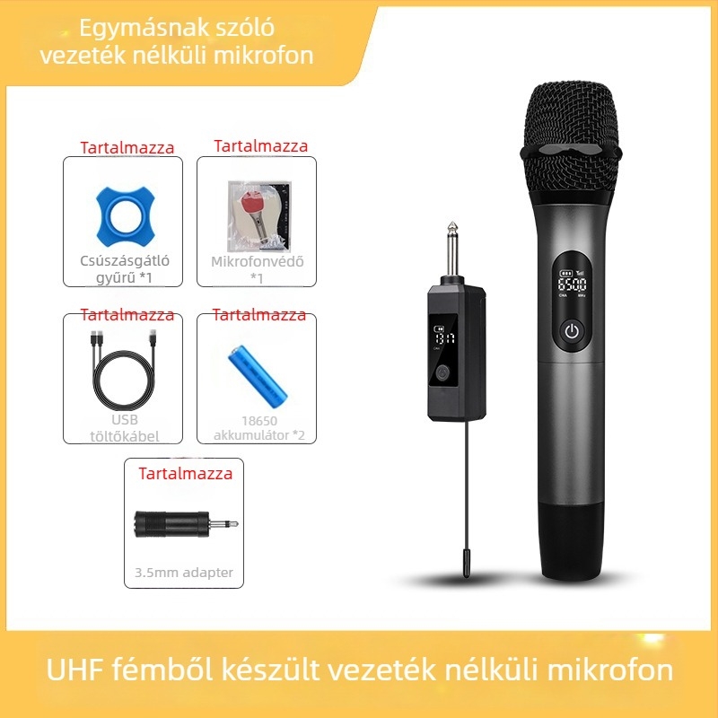 Meieark E104 Ötvözetes U‑konstrukciós vezeték nélküli mikrofon, 1–2 rendszer KTV és otthoni használatra, beépített 1000–1200 mAh akkumulátor, 3–6 órás üzemidő