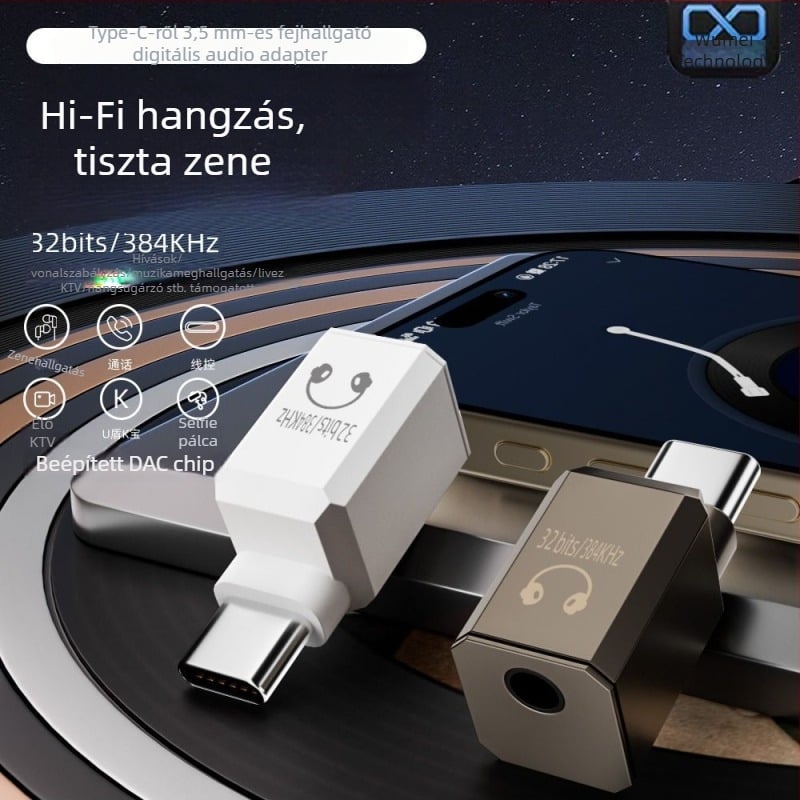 Fejhallgató-adapter 3,5 mm-es jackból Type-C-hez, beépített DAC, Hi-Fi hangzás