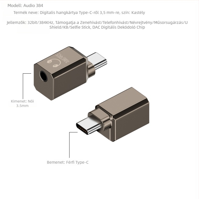 Fejhallgató-adapter 3,5 mm-es jackból Type-C-hez, beépített DAC, Hi-Fi hangzás