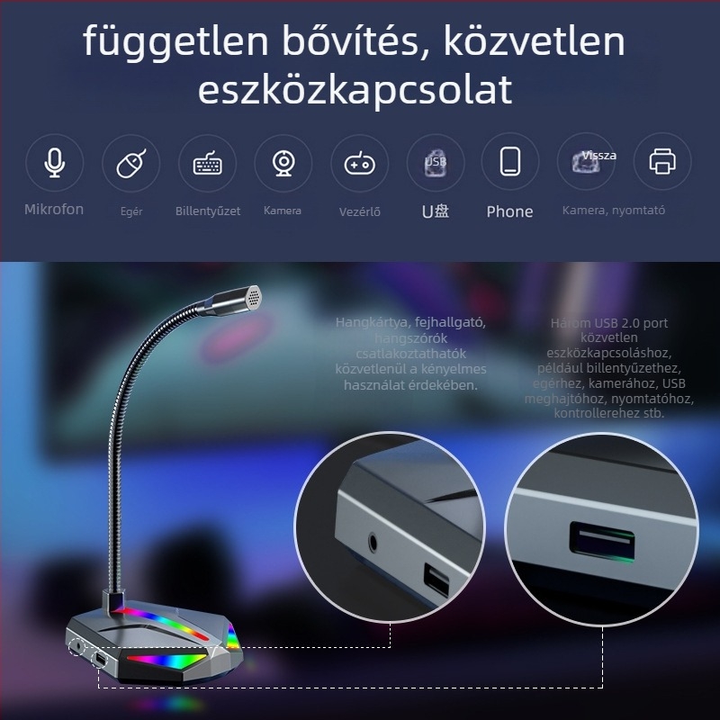 USB kondenzátoros asztali mikrofon számítógéphez és notebookhoz, kábeles USB interfész, alkalmas értekezletekre és felvételekhez, frekvencia-válasz 60 Hz–15 kHz, SNR ≥70 dB