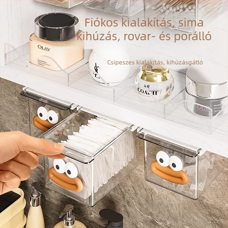 Fürdőszobai tükör alatti fiókos tároló, vattapálcákhoz, sminklemosó vattákhoz és kozmetikai termékekhez, gardróbban