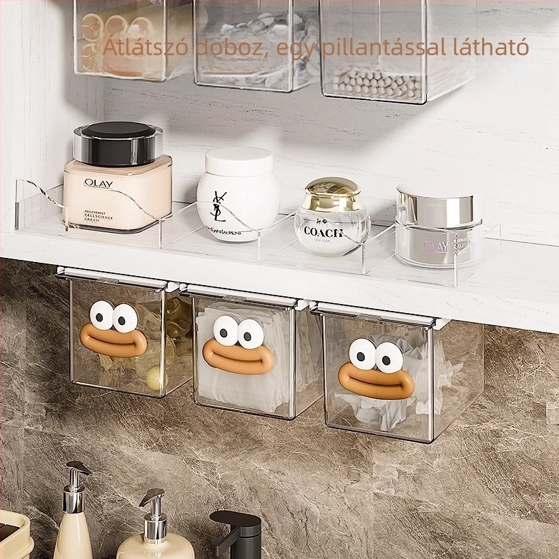 Fürdőszobai tükör alatti fiókos tároló, vattapálcákhoz, sminklemosó vattákhoz és kozmetikai termékekhez, gardróbban