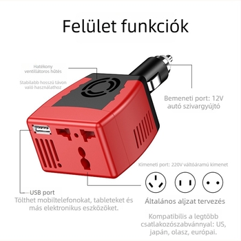Autóba való inverter 12V bemenet, 220V kimenet, 200W, USB 2.1A, FCC tanúsított