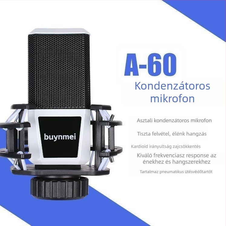 A60 élő hangkártya kondenzátor mikrofon készlet karaokehoz és streaminghez, beépített 800–1000 mAh akkumulátor, üzemidő 6–8 óra, SNR ≥70 dB