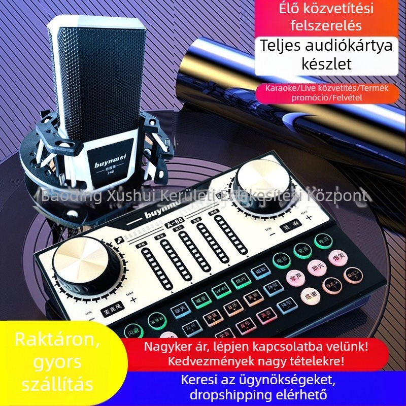 A60 élő hangkártya kondenzátor mikrofon készlet karaokehoz és streaminghez, beépített 800–1000 mAh akkumulátor, üzemidő 6–8 óra, SNR ≥70 dB