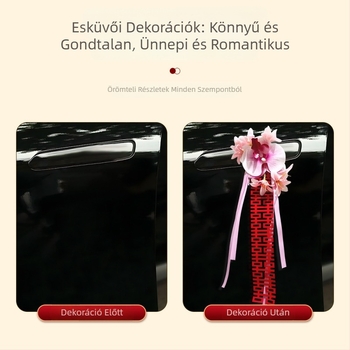 Esküvői autó dekoráció kézzel készített virágokkal, piros autó dupla boldogság jelű szalaggal, esküvői masni