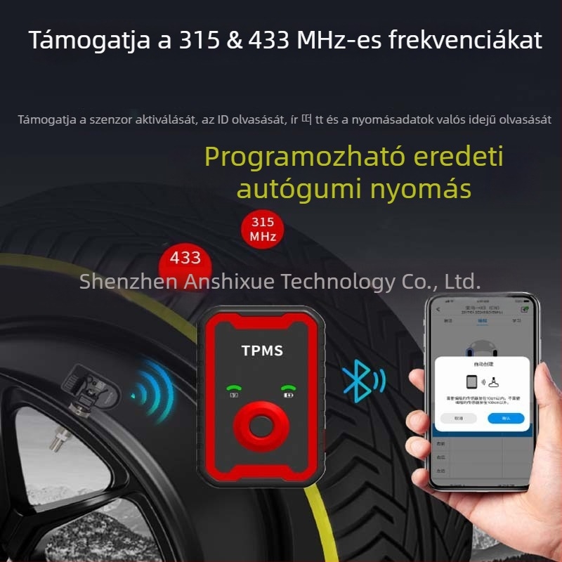 Anbeili Gumiabroncsnyomás-illesztő eszköz – Univerzális szenzor aktiválás/Reset és programozó eszköz, Modell A9, 0–6 bar, Autó/Kamion/SUV, Hordozható, APP-kijelző
