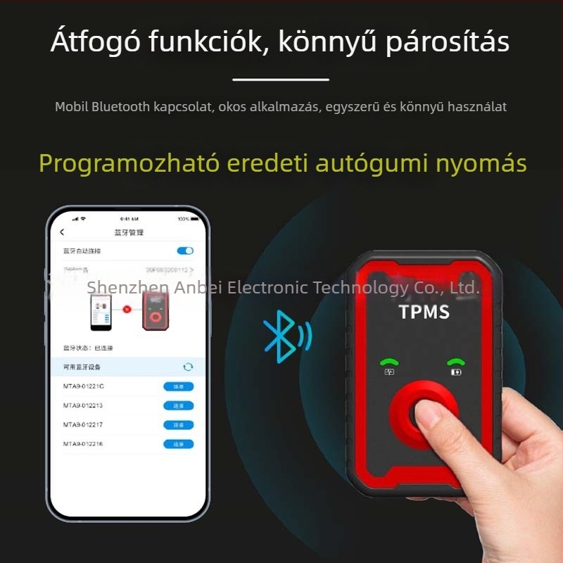 Anbeili Gumiabroncsnyomás-illesztő eszköz – Univerzális szenzor aktiválás/Reset és programozó eszköz, Modell A9, 0–6 bar, Autó/Kamion/SUV, Hordozható, APP-kijelző
