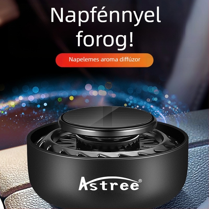 Napelemes autóillatosító — illatanyag-difuzor a műszerfalhoz galaktikus fénnyel, formaldehid-eltávolítás, kerek alap, könnyű luxus stílus