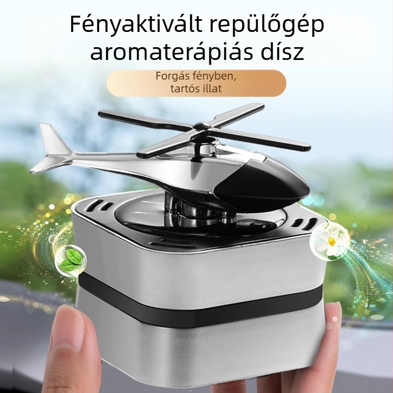 Autóba szóló, napelemes forgó négyzetes alapú illatosító — repülőgép motívummal az autó belső teréhez