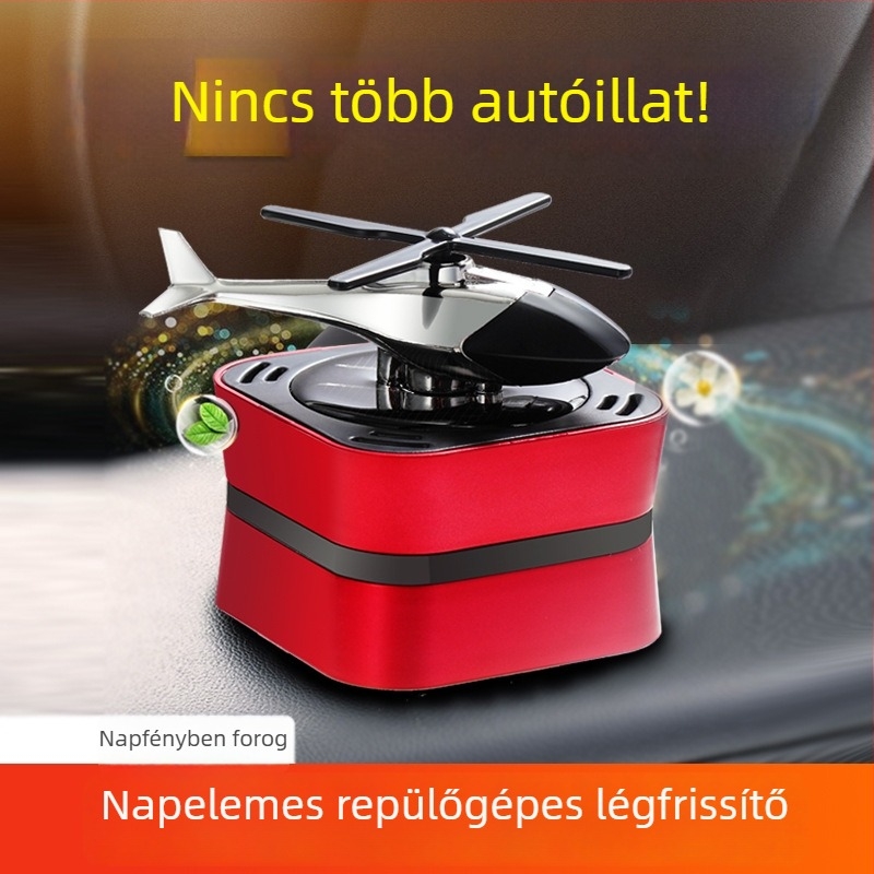 Autóba szóló, napelemes forgó négyzetes alapú illatosító — repülőgép motívummal az autó belső teréhez