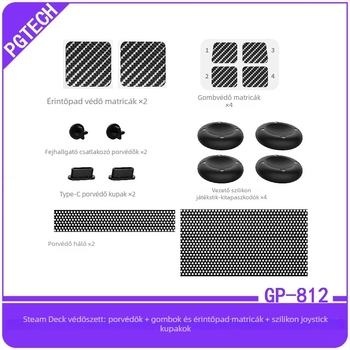 Steam Deck védő készlet porvédő dugóval, matricákkal a gombokhoz és a touchpadhez, és szilikon joystick sapkákkal GP-812