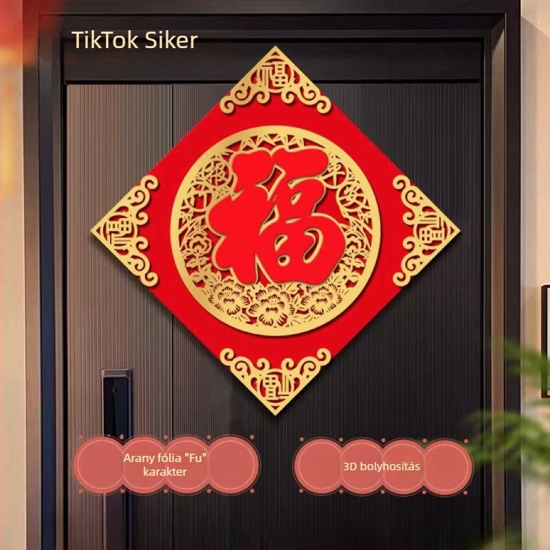 Háromdimenziós flockolt anyagú ajtómatrica meleg nyomtatással – alkalmas bejárati ajtókra, hálószobai ajtókra vagy ablakokra, kínai stílusú áldás dekoráció