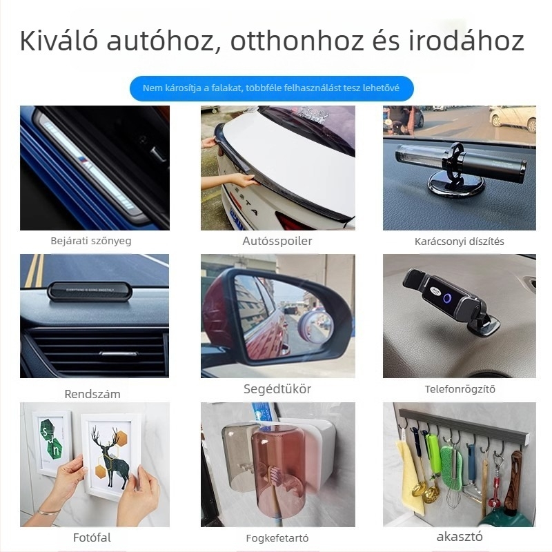 Automatikus kettős oldalú ragasztócsík, magas viszkozitású, ellenálló a magas hőmérsékletnek, vízálló, hátulsó szárny, esőív és hátsó felirat rögzítésére. Alap: nanométeres film; márka: Yida.