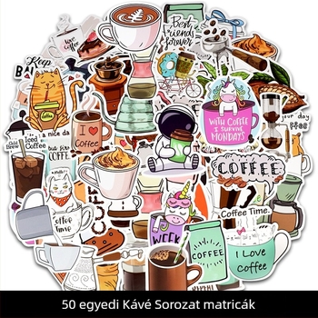 PVC öntapadós kávé graffiti matricák – 50 darabos készlet, testreszabható, minták: kávéscsésze és kávébabok, laptopok, poggyász, gitár, gördeszka, motorkerékpár és autó.