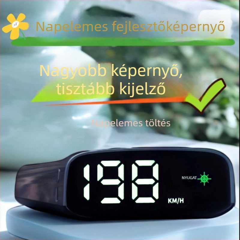 Autóipari napelemes HUD kijelző - LCD HUD, GPS bemenet, napelemes energiaforrás, ABS+PC anyag, súly 0,15 kg