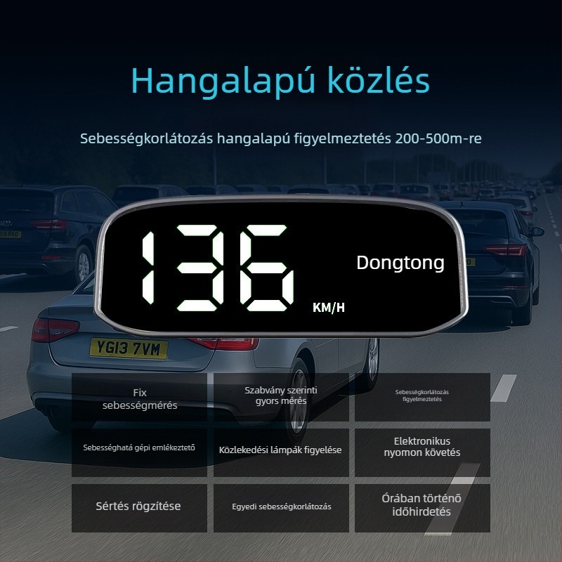 Autóipari napelemes HUD kijelző - LCD HUD, GPS bemenet, napelemes energiaforrás, ABS+PC anyag, súly 0,15 kg
