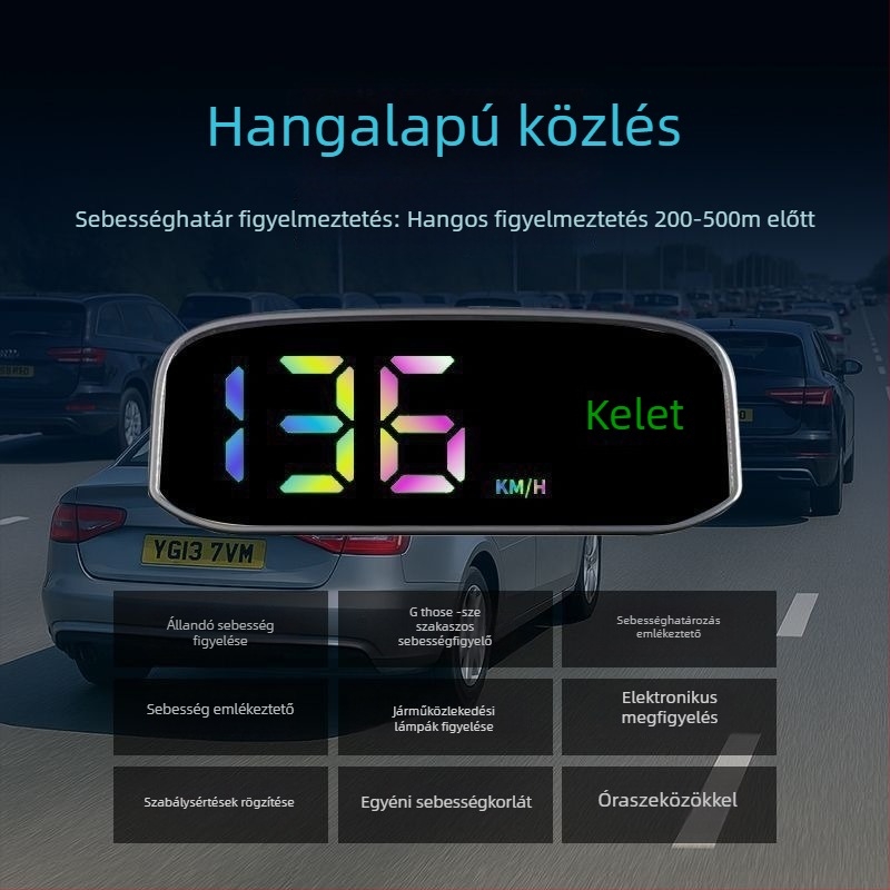 Autóipari napelemes HUD kijelző - LCD HUD, GPS bemenet, napelemes energiaforrás, ABS+PC anyag, súly 0,15 kg