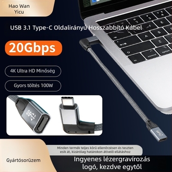 Type-C oldalsó görbült hosszabbító kábel USB 3.1 adat, PD gyorstöltés, 0,5–5 m, 100W max