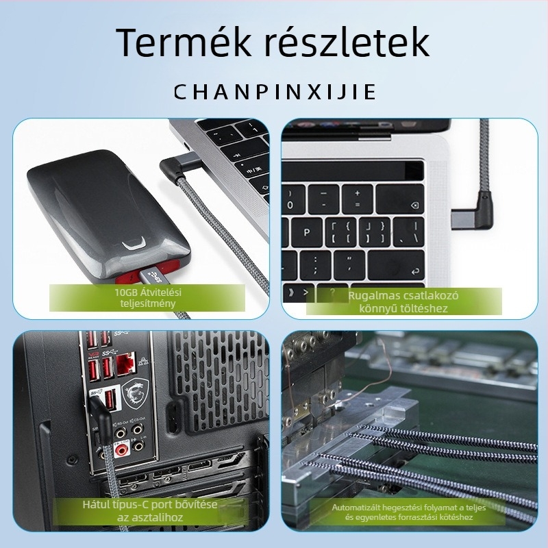 Type-C oldalsó görbült hosszabbító kábel USB 3.1 adat, PD gyorstöltés, 0,5–5 m, 100W max