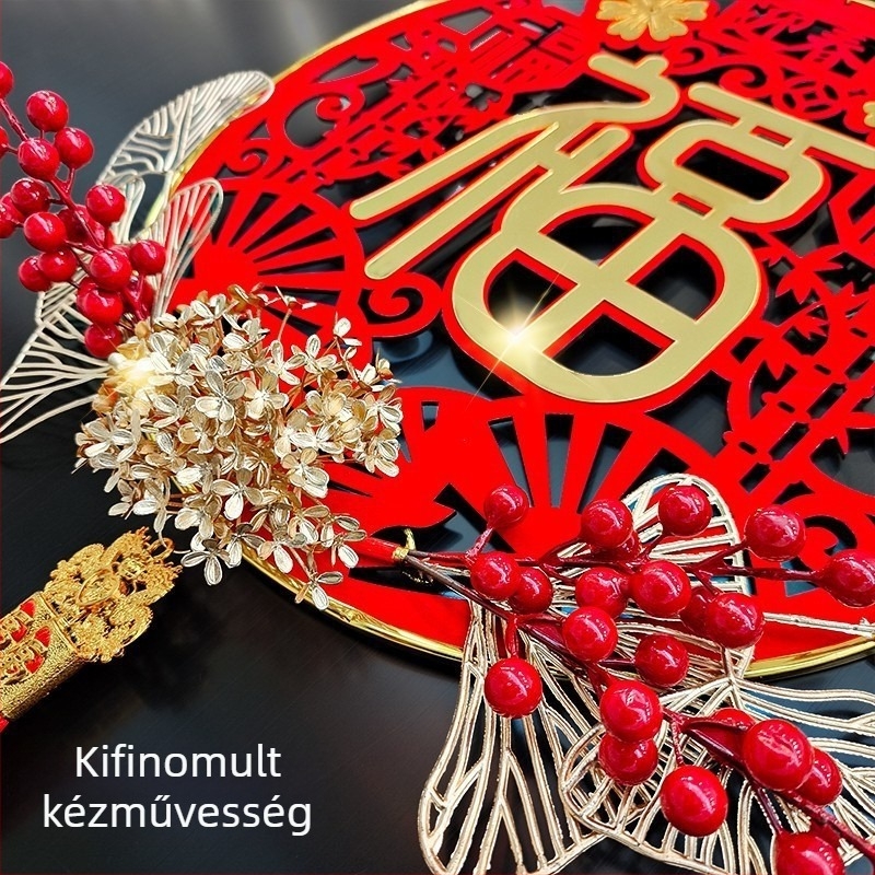Akril kerek függő, kínai stílusú, Újévi áldás, tavaszi fesztivál dekoráció, flocking technika, ideális ajándék