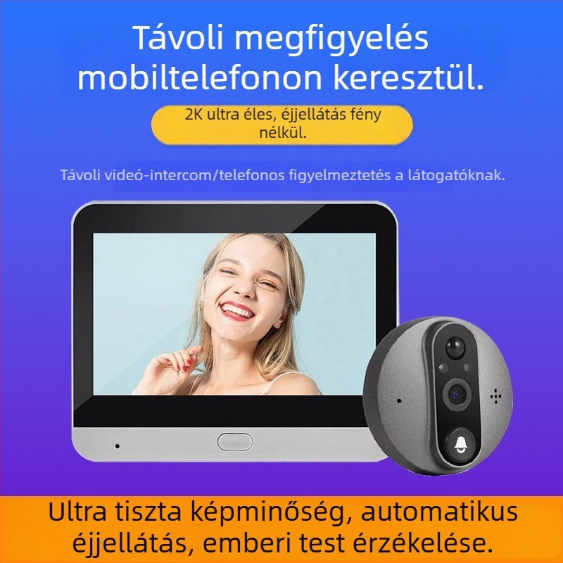 Bejárati ajtó interkom vizuális kamerával és kijelzővel, Smart Cat Eye modell, újratölthető 5V, otthoni használatra (családi ház, villa, apartman)