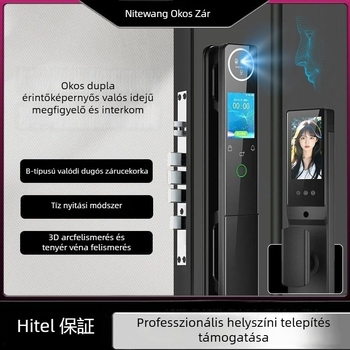 Okos bejárati zár 3D arcfelismeréssel, kettős kijelzővel, vizuális kukucskálóval, hozzáférés ujjlenyomattal és jelszóval (szkennelés <0,1 s; FAR <0.001%)