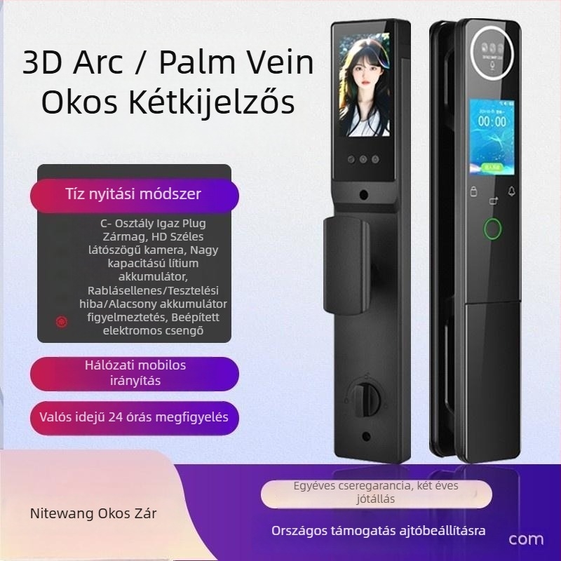 Okos bejárati zár 3D arcfelismeréssel, kettős kijelzővel, vizuális kukucskálóval, hozzáférés ujjlenyomattal és jelszóval (szkennelés <0,1 s; FAR <0.001%)