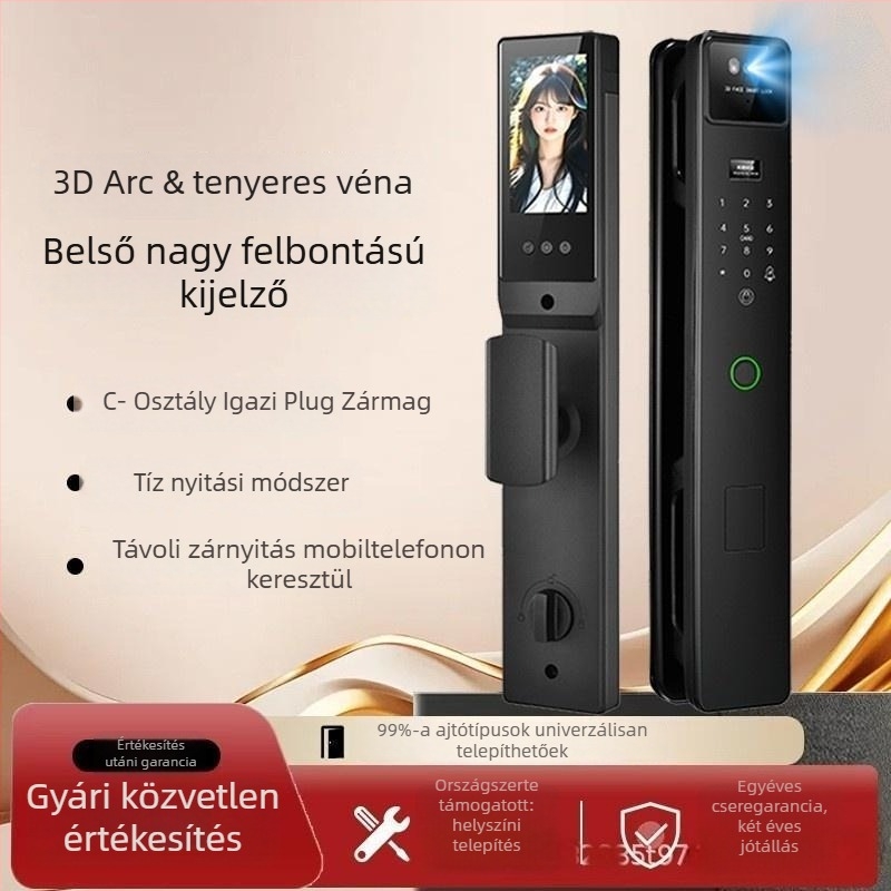 Okos bejárati zár 3D arcfelismeréssel, kettős kijelzővel, vizuális kukucskálóval, hozzáférés ujjlenyomattal és jelszóval (szkennelés <0,1 s; FAR <0.001%)