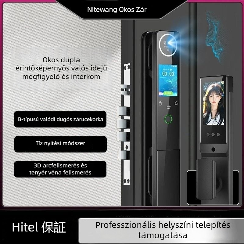 Okos bejárati zár 3D arcfelismeréssel, kettős kijelzővel, vizuális kukucskálóval, hozzáférés ujjlenyomattal és jelszóval (szkennelés <0,1 s; FAR <0.001%)