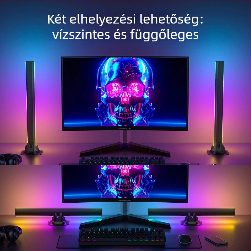 RGB környezeti világítás asztalhoz USB‑tápellátással, távirányítás és alkalmazás általi vezérlés, oszlopos telepítés, OEM-kompatibilis (USB tápegység; Távirányítás és alkalmazás által vezérlés; Oszlopos telepítés; OEM kompatibilis)