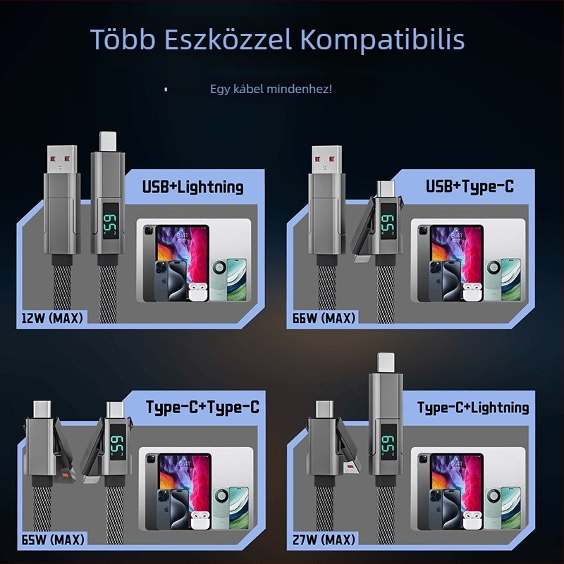 4 az 1-ben adatkábelt gyors töltéssel – Lightning és Type-C, kettős ágazatú kialakítás, 100W, cinkötvözet
