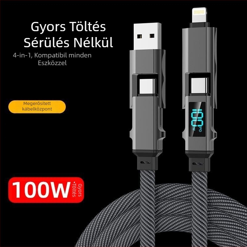 4 az 1-ben adatkábelt gyors töltéssel – Lightning és Type-C, kettős ágazatú kialakítás, 100W, cinkötvözet