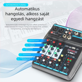 4 csatornás USB mini mixer Bluetooth-képes, reverb, mikrofon bemenet, 6,5 mm kimenet