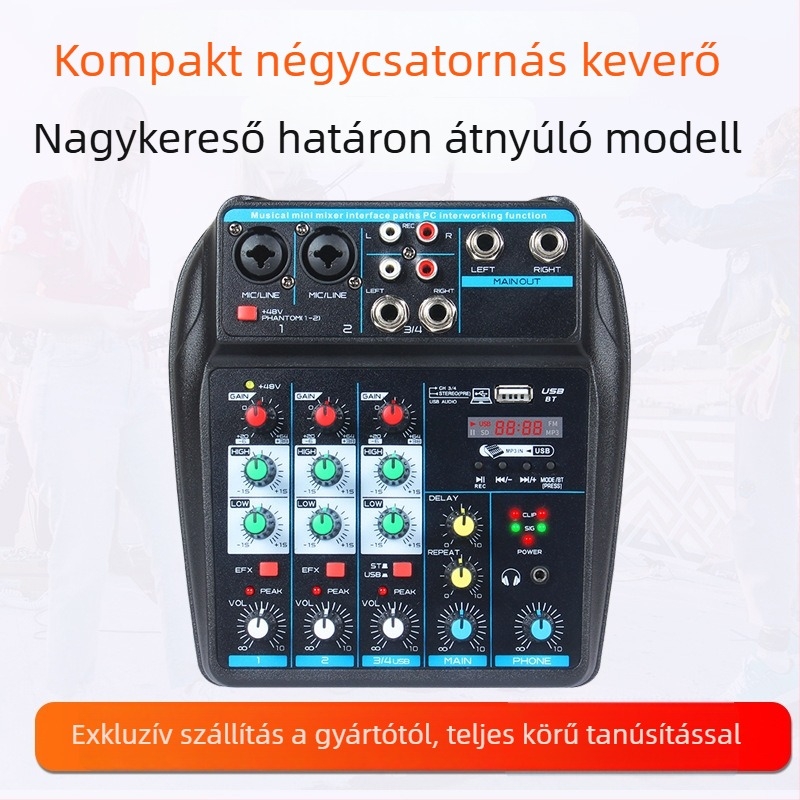 4 csatornás USB mini mixer Bluetooth-képes, reverb, mikrofon bemenet, 6,5 mm kimenet