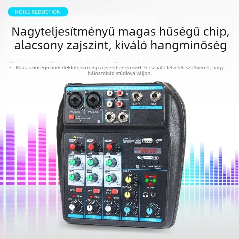 4 csatornás USB mini mixer Bluetooth-képes, reverb, mikrofon bemenet, 6,5 mm kimenet