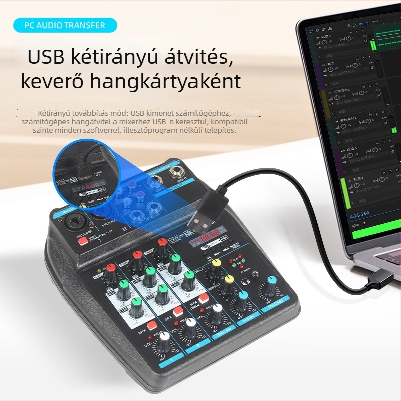 4 csatornás USB mini mixer Bluetooth-képes, reverb, mikrofon bemenet, 6,5 mm kimenet