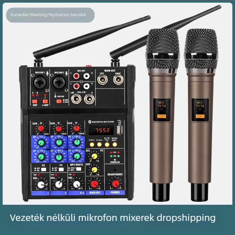 2-csatornás keverő beépített erősítővel és Bluetooth-kapcsolattal, KTV mikrofonrendszer, frekvenciasáv 100 Hz–20 kHz, SNR ≥70 dB