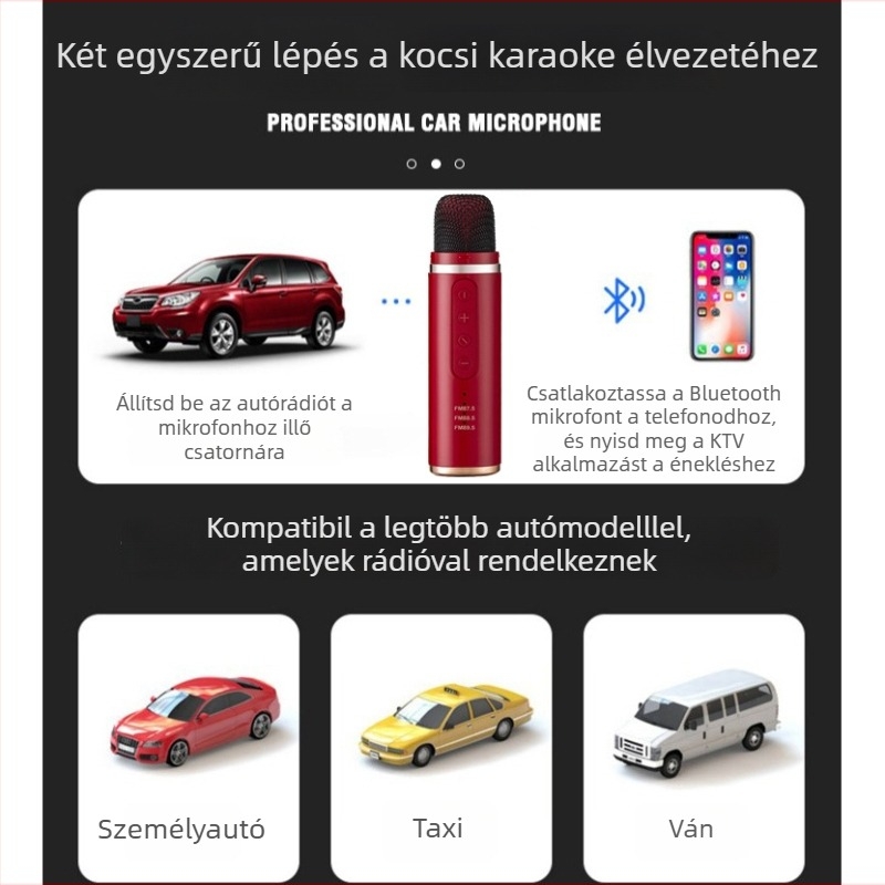 Vezeték nélküli autós karaoke mikrofon, modell Q1 — Bluetooth 5.0, beépített akkumulátor 300–500 mAh, frekvenciatartomány 100 Hz–20 kHz, SNR ≥85 dB