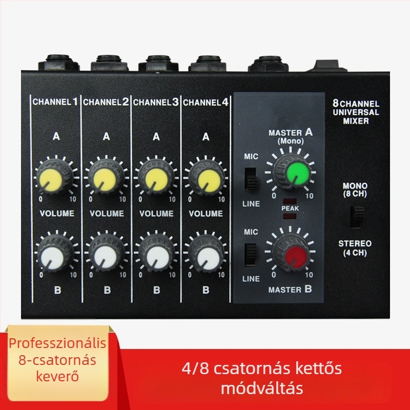 8-csatornás Mix428 mikrofon-reverberátorral, mikrofon bővítés, 6.5 mm interfész, 12V tápegység, modell 4/8