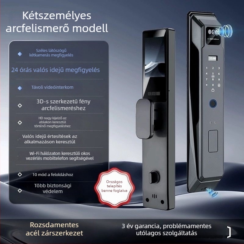 Beltéri okos ajtózár arcfelismeréssel, ujjlenyomat-azonosítással és távoli videóinterkommal — S48 modell, 100 ujjlenyomat-tárolás, >3000 feloldási ciklus, <0,2 s szkennelési idő, 1:N összehasonlítás