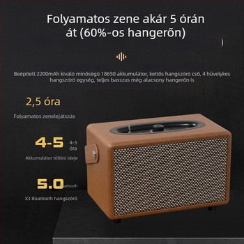 Fából készült Bluetooth hangszóró bőr tokban – asztali retro sztereó, 20W+20W, BT 5.0, 65Hz-20kHz, 10 m hatótávolság, beépített akkumulátor