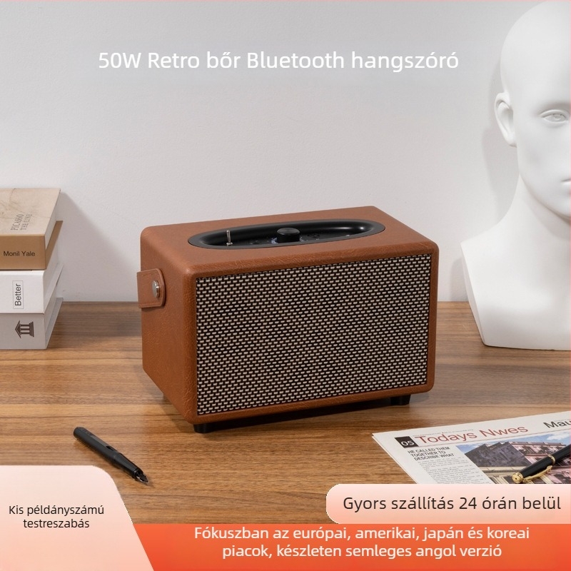 Fából készült Bluetooth hangszóró bőr tokban – asztali retro sztereó, 20W+20W, BT 5.0, 65Hz-20kHz, 10 m hatótávolság, beépített akkumulátor