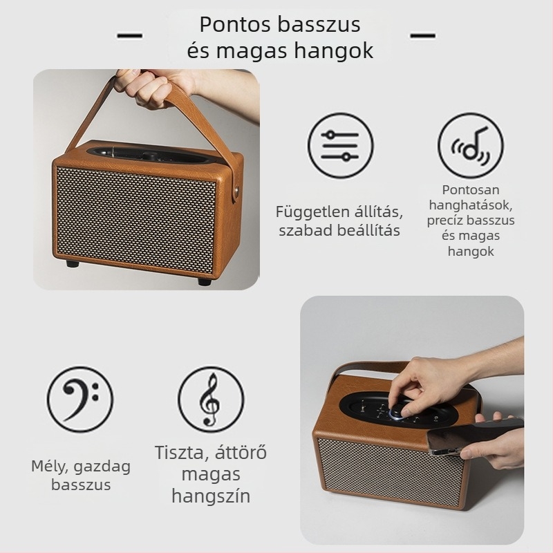 Fából készült Bluetooth hangszóró bőr tokban – asztali retro sztereó, 20W+20W, BT 5.0, 65Hz-20kHz, 10 m hatótávolság, beépített akkumulátor