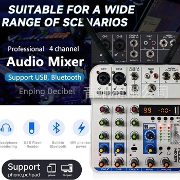 Kemas 4-csatornás keverő DSP effektekkel, reverbvel, Bluetooth-tal, 2 vezeték nélküli mikrofon felvételre
